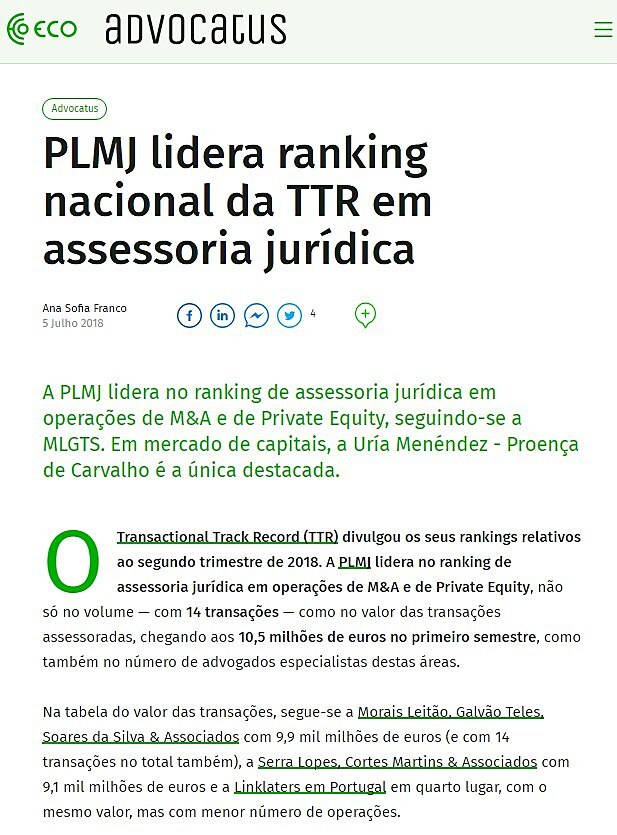 PLMJ lidera ranking nacional da TTR em assessoria jurdica